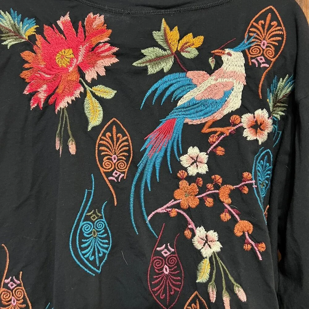 Johnny Was Colorful Floral Bird Embroidery Cotton Shirt Long Sleeve whimsigoth - Picture 8 of 14